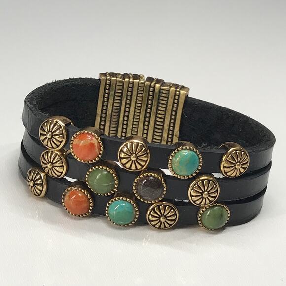 VTG Barse Black Leather Semi Precious Stone Accent Multi Strand Cuff Bracelet - Picture 7 of 14